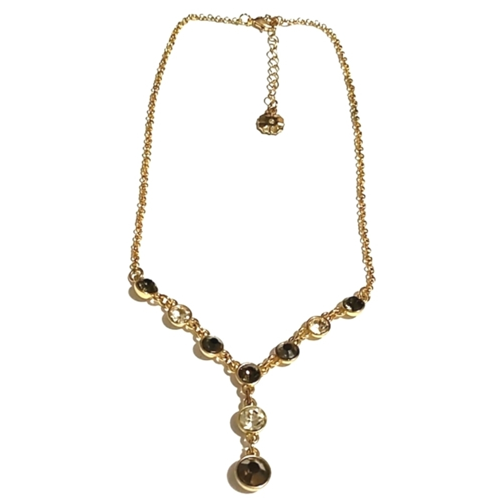 MONET VINTAGE GOLD-TONE DARK GRAY AND CLEAR RHINESTONE Y-SHAPED 15-18" NECKLACE